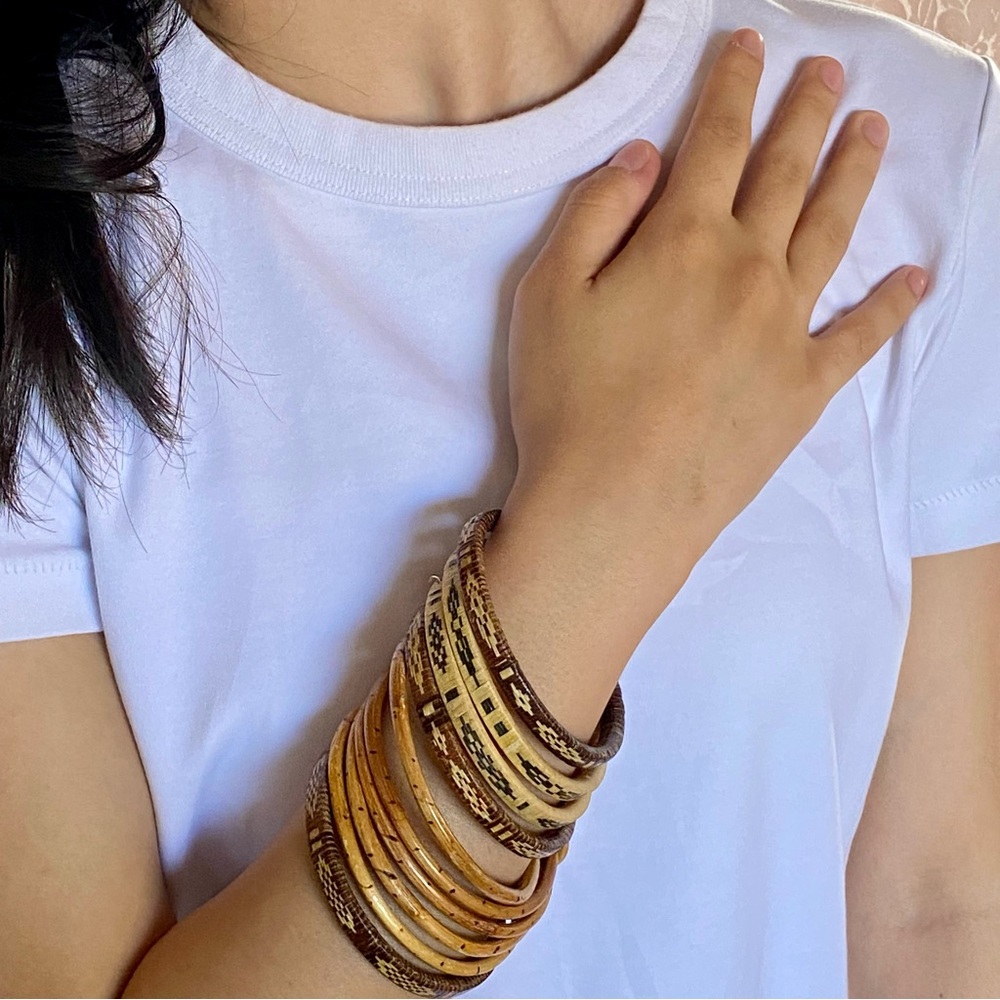 Vintage Set Woven Straw Bangles and Multi Bamboo Bangle